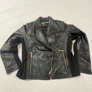 IMAN Women’s Genuine Leather Moto Jacket with Gold Zippers Size M